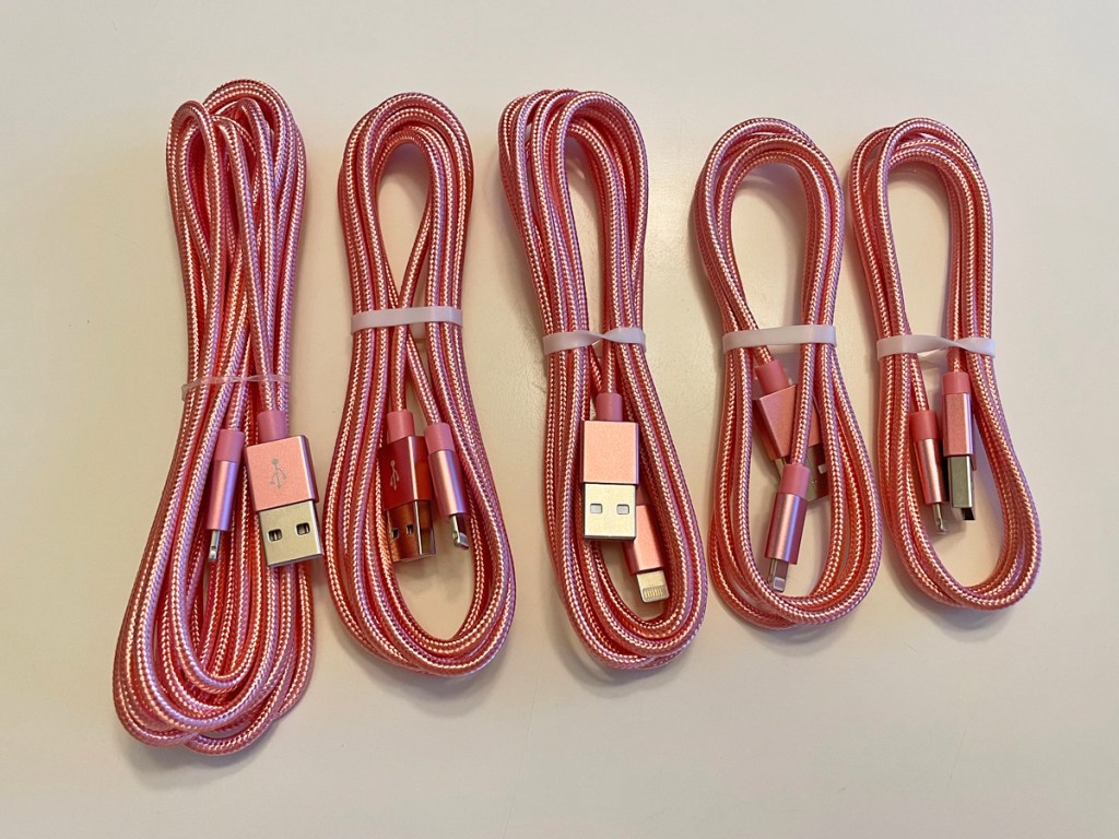 set of 5 pink iphone charging cables