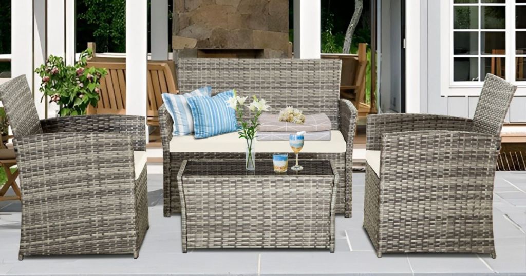 wicker patio set on back patio