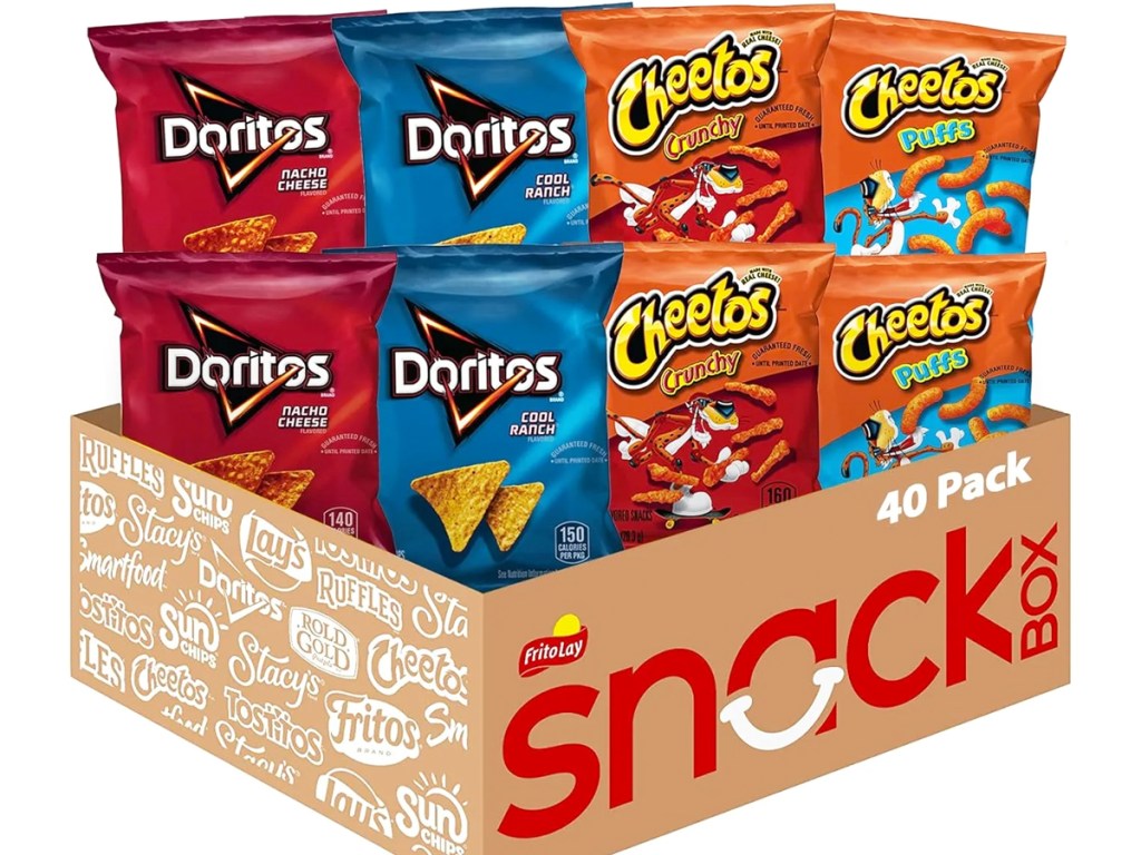 box full of a variety of bags of cheetos and doritos