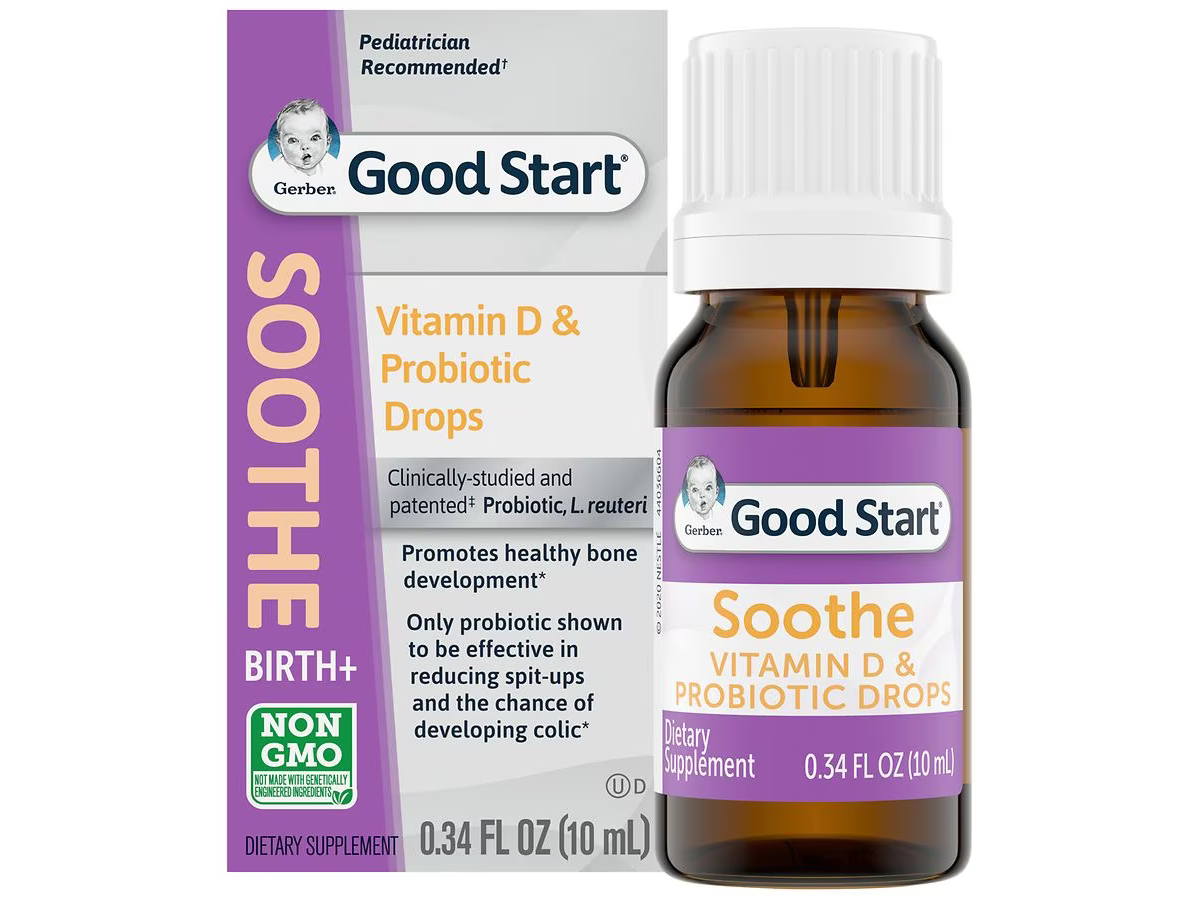 A bottle of Gerber Good Start Soothe Vitamin D and Probiotic Drops