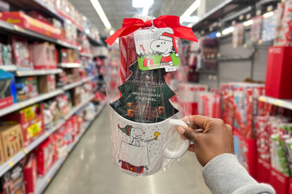 A hand holding up a ghiradelli holiday gift set with a peanuts mug and chocolates