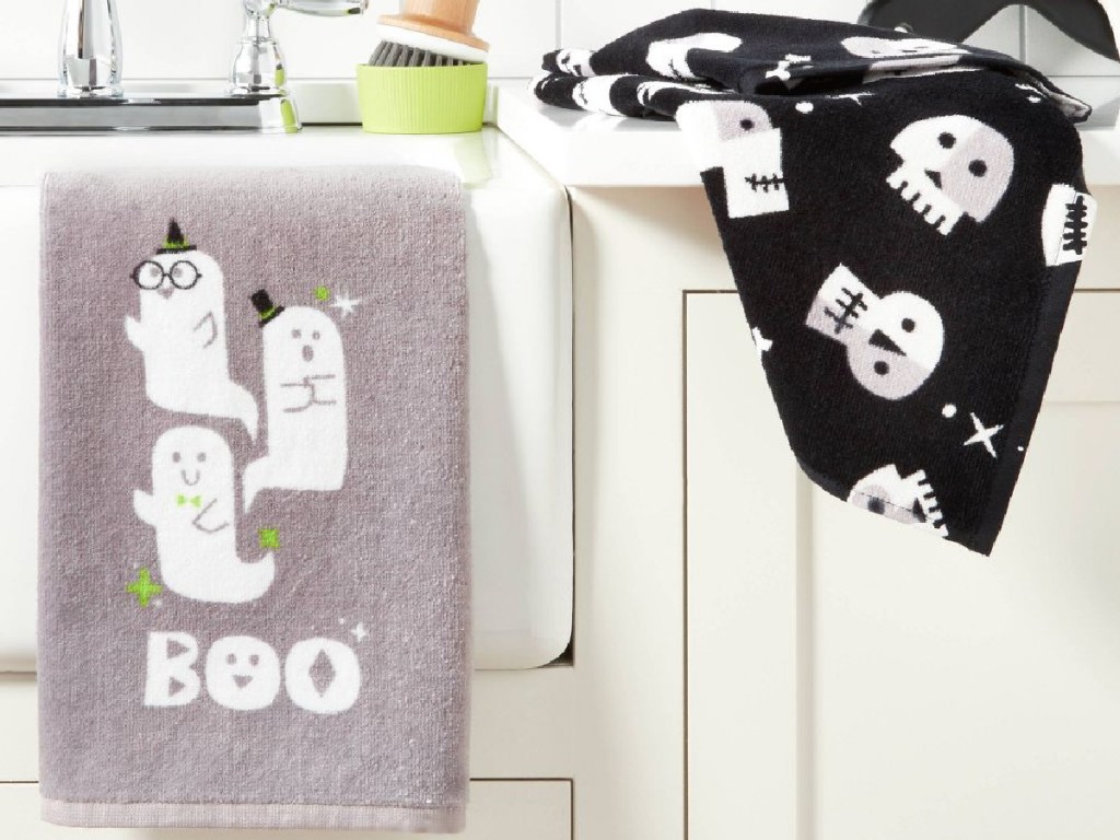 Ghost Halloween Kitchen Terry Towels 2 Pack displayed in the kitchen