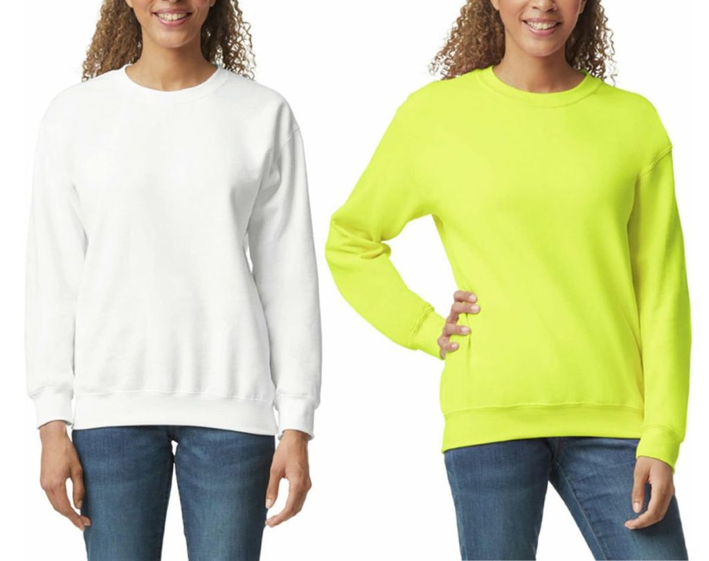 2 women wearing Gildan Adult Fleece Crewneck Sweatshirts