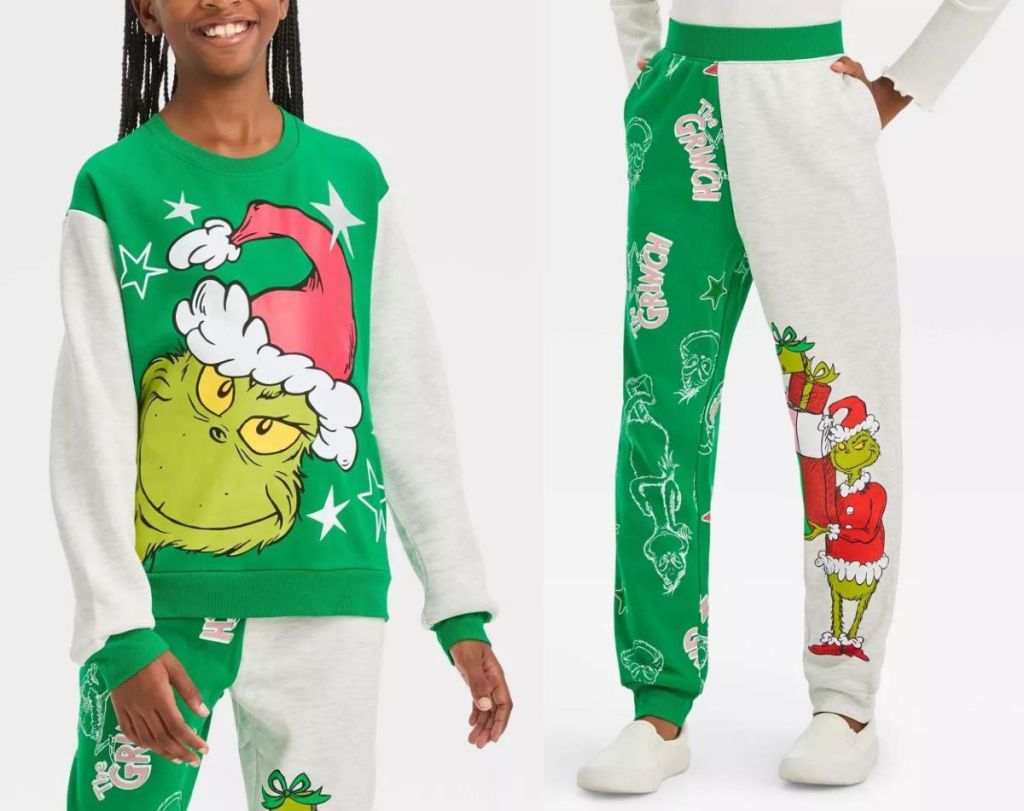 A girl in a Grinch Sweatsuit