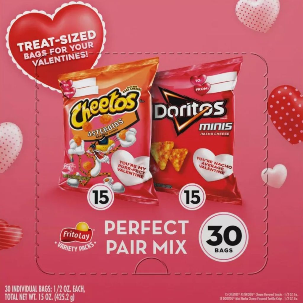 cover of a box of Cheetos and Doritos Valentines Snack Size Bags