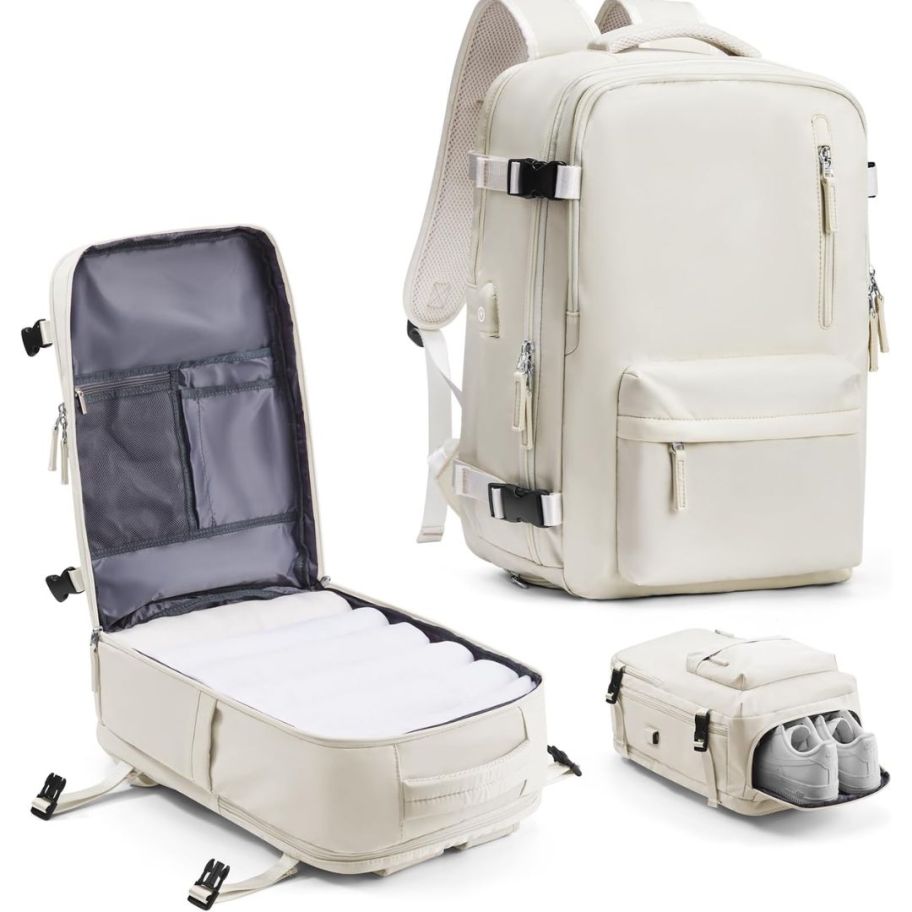 large beige travel backpack shown closed, open and with the shoe compartment open