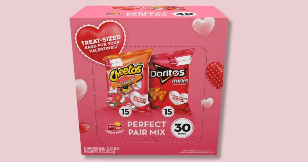 box of Valentine's Doritos and Cheetos Snack Bags
