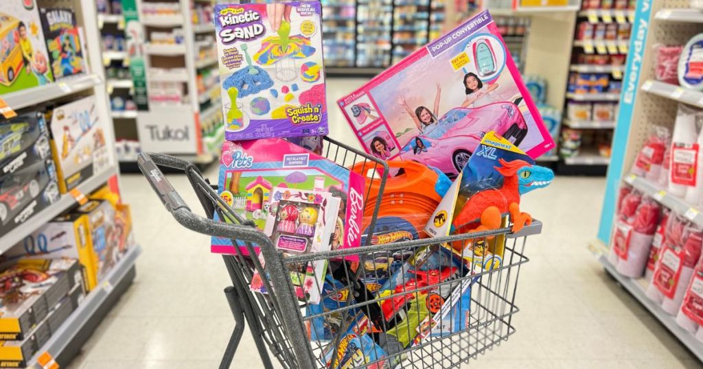 Walgreens cart filled with toys in middle of aisle