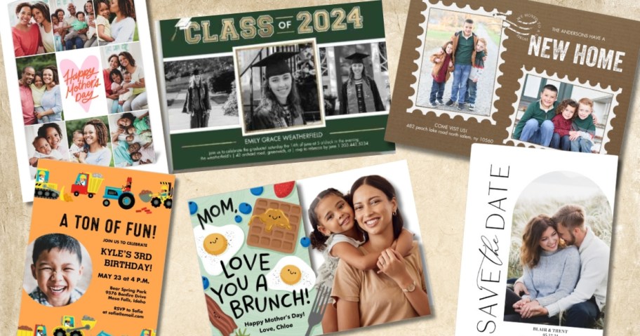 various photo cards, birthday, graduation, mother's day, save the date, new home