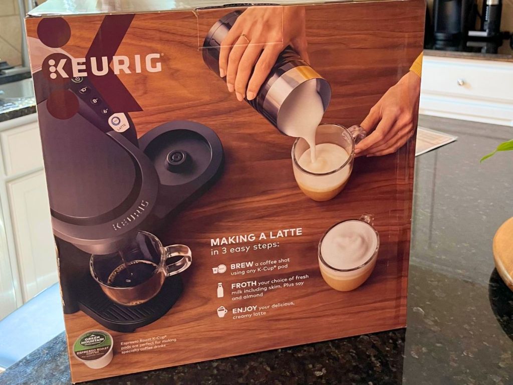 Keurig K Latte machine in box sitting on counter