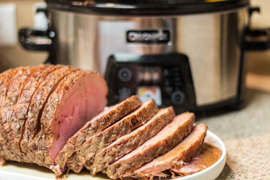 A CrockPot glazed ham which is one of the best slow cooker weeknight meals for winter