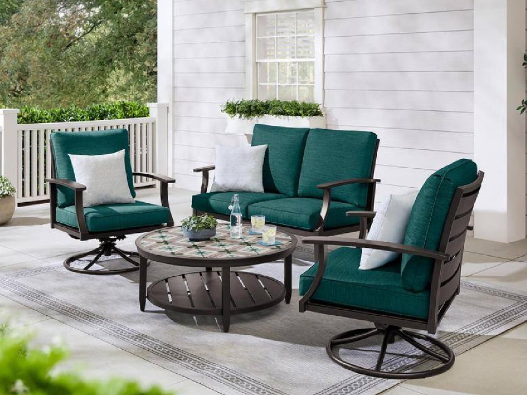 Hampton Bay Ellington 4-Piece Steel Outdoor Seating Set w_ Cushions with green cushions