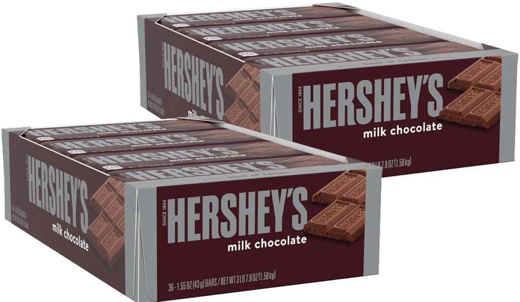 two brown boxes of Hershey's Milk Chocolate Candy Bars
