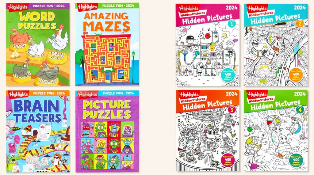 two 4-pack sets of puzzle fun and hidden pictures books