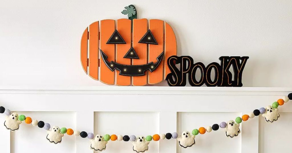 Kohl's Halloween Decor, Wooden Jackolantern Shelf Sitter, Spooky Sign and Ghost Garland