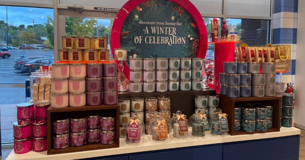 Bath and Body Works Holiday Candle Display in store