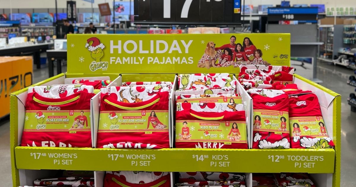 the grinch Holiday family pajamas display in walmart 