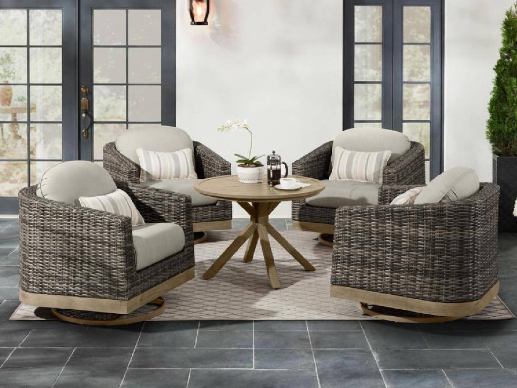 Home Decorators Collection Avondale 5-Piece Wicker Patio Conversation Deep Seating Set with cushions and a rug