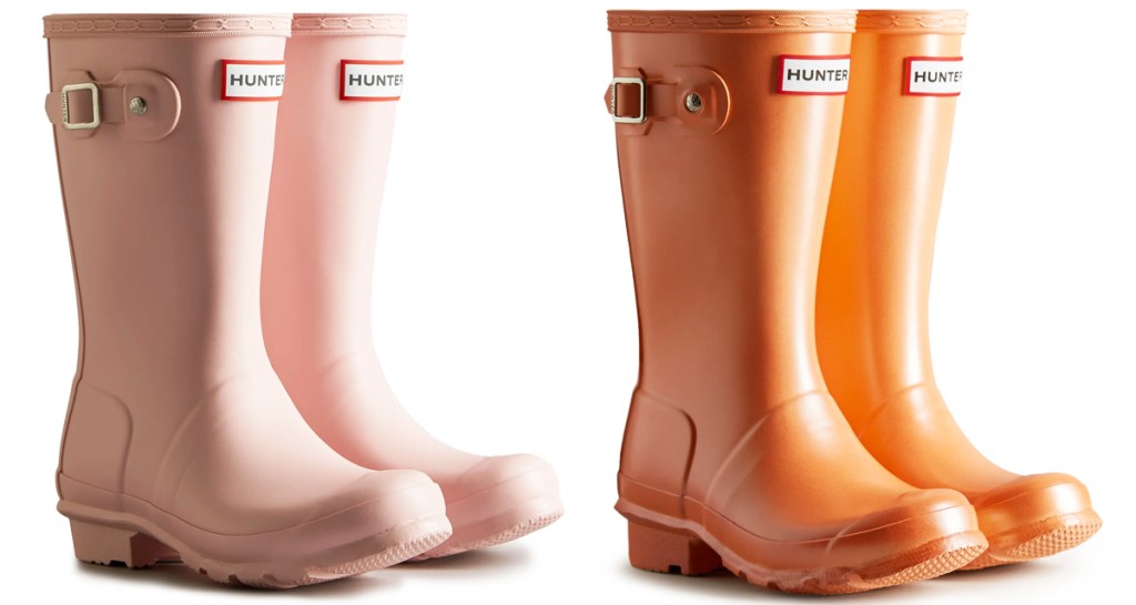 light pink and light orange pairs of kids rain boots
