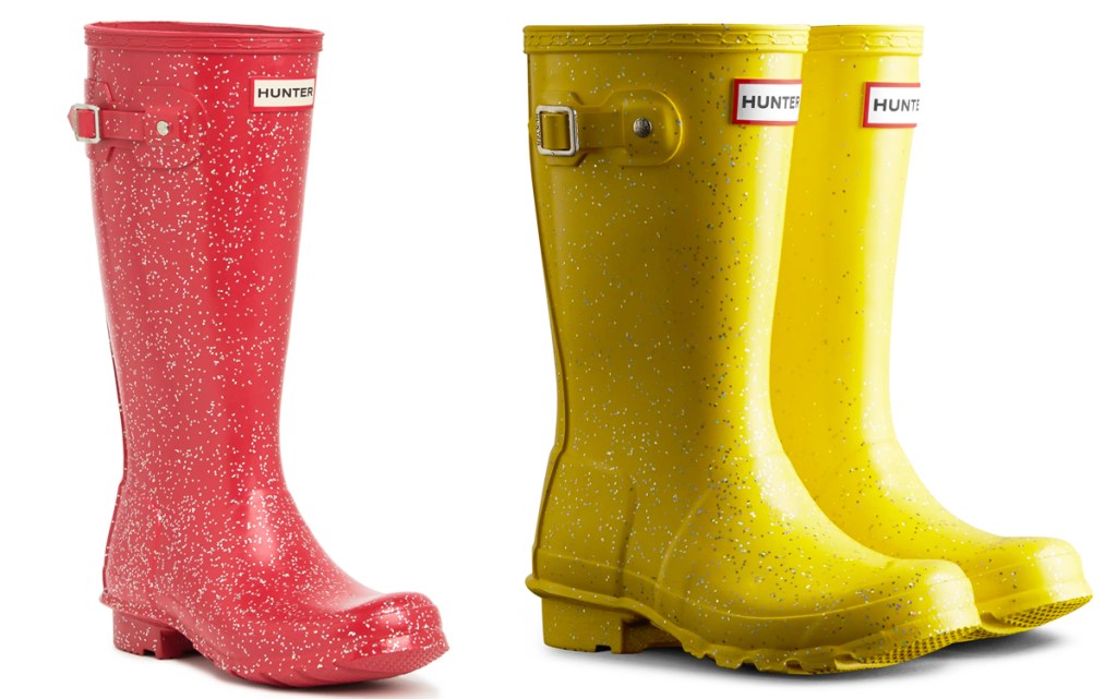 red and yellow glittery rain boots