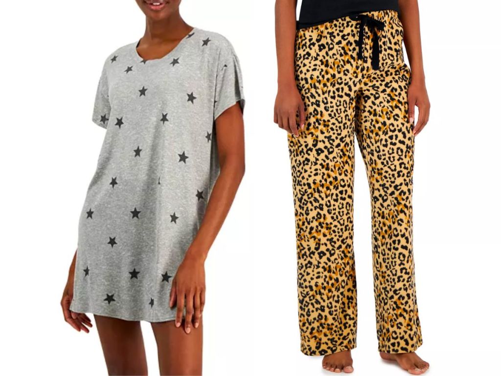 2 models wearing JENNI Women's Short-Sleeve Printed Sleepshirt and wide leg pants stock image