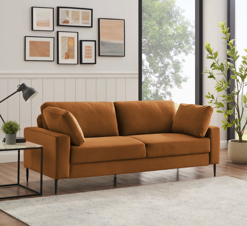 A mid-century modern, tan sofa from Wayfair Way Day Event