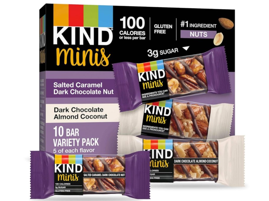 box of KIND Minis bars in Salted Caramel Dark Chocolate Nut & Dark Chocolate Almond Coconut flavors
