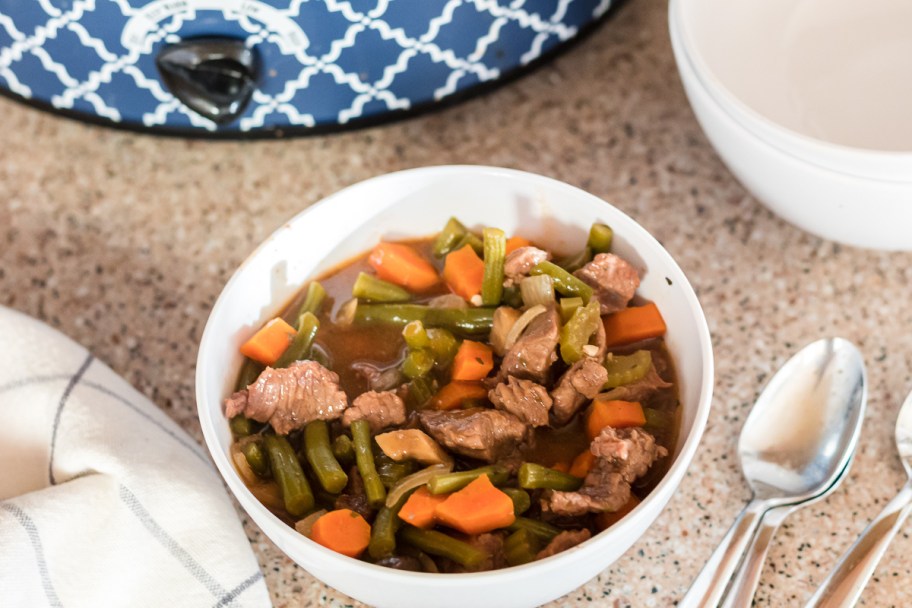 a bowl of keto beef stew which is one of the easy Crock-pot weeknight meals