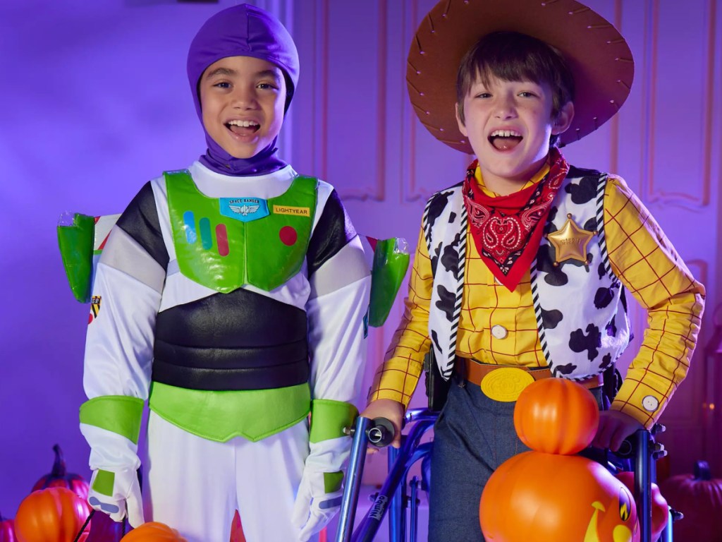 Kids Trick or Treating as Buzz and woody