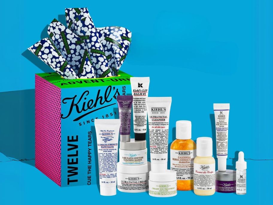 Kiehl's 12 Mini Advent-Ures Gift Set against blue background