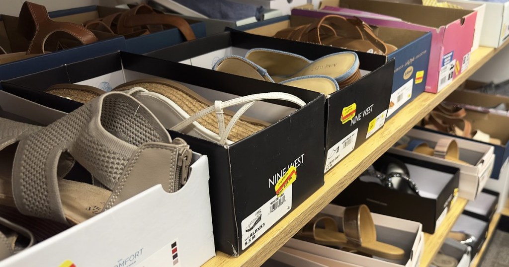 shelves of women's shoes on clearance