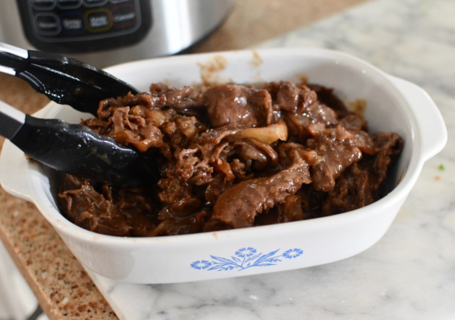 A serving dish of Korean Beef from Costco Prepared Meals