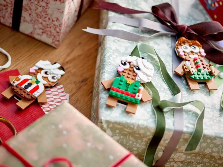 Holiday Gifts with Lego Gingerbread ornaments on them