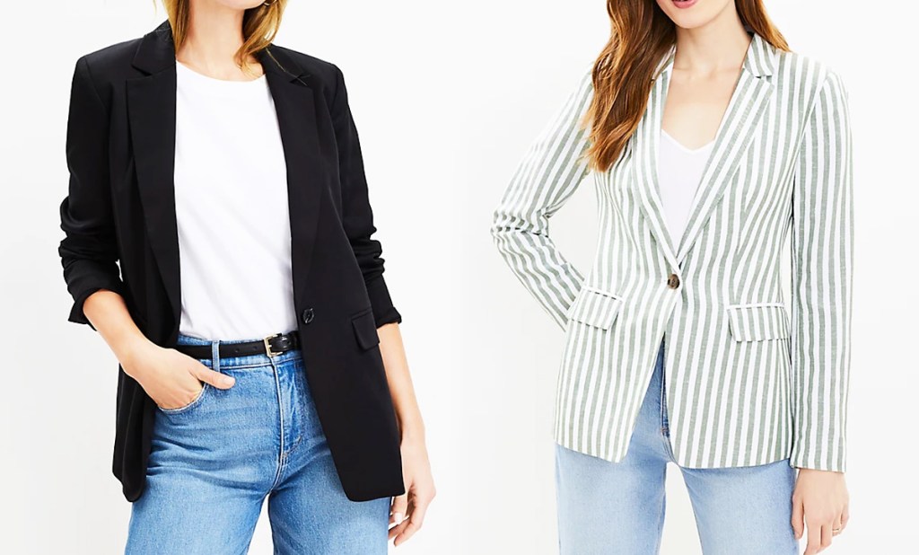 women in solid black and white and green striped blazers