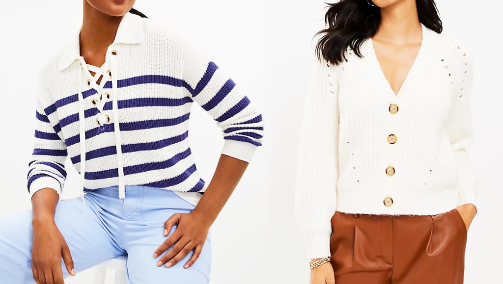 women in blue and white striped lace-up sweater and white v-neck cardigan