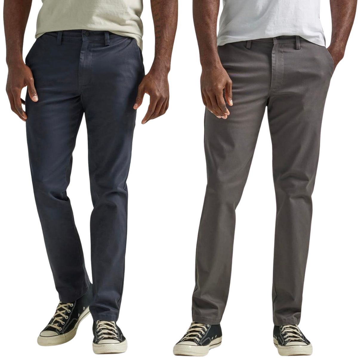 two male models wearing Lee Men's Flat Front Slim Straight Pant navy and gray