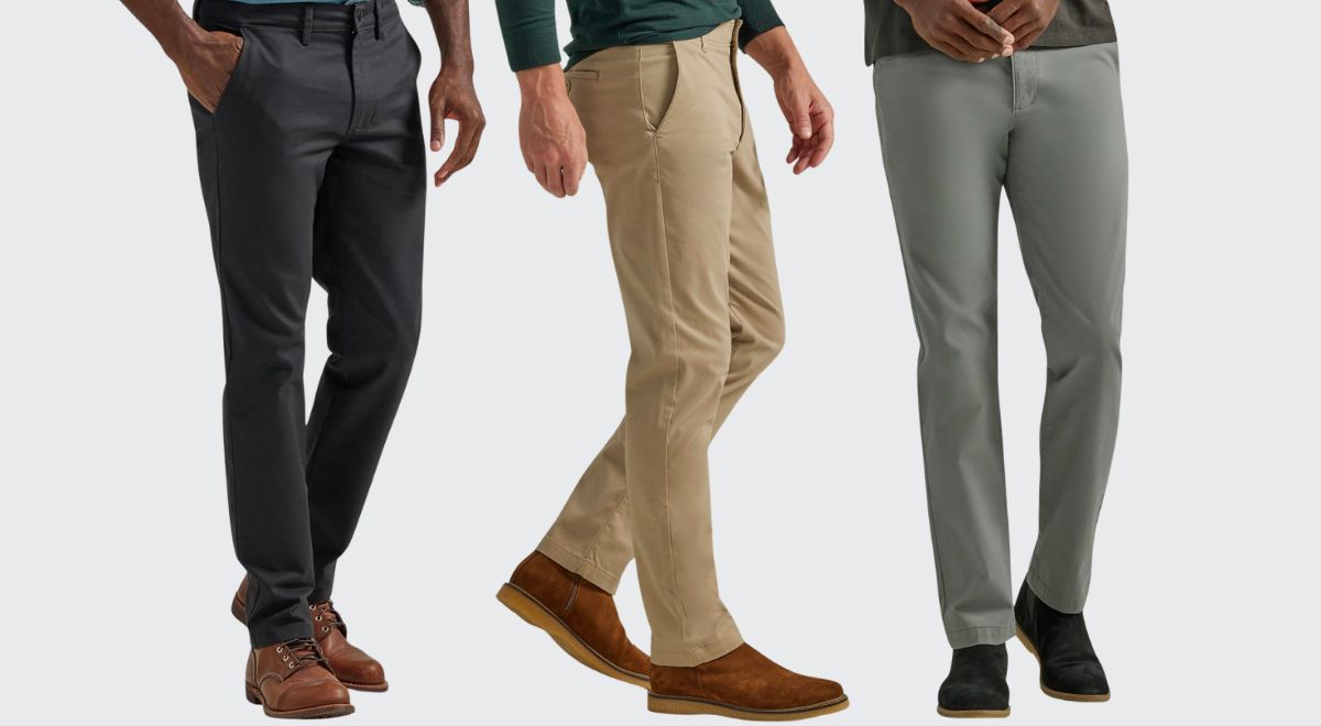 3 male models shown in black, khaki, and HD Grey from the waist down wearing Lee Mens Flat Front Slim Straight Pants
