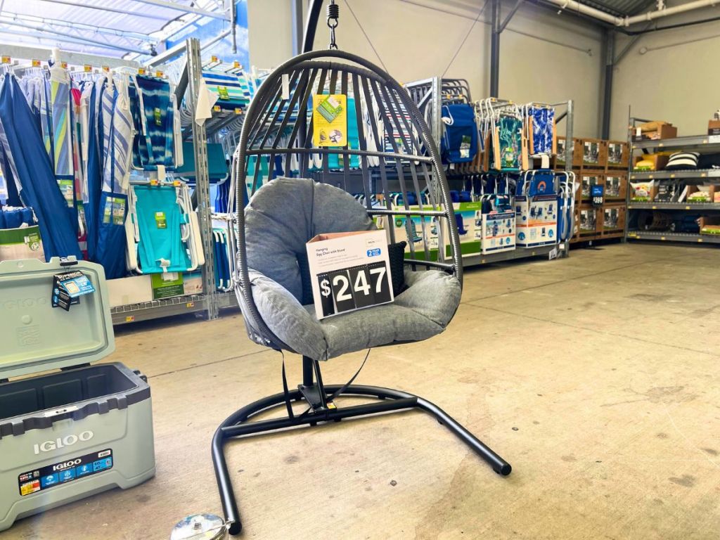 wicker hanging egg chair on display at Walmart