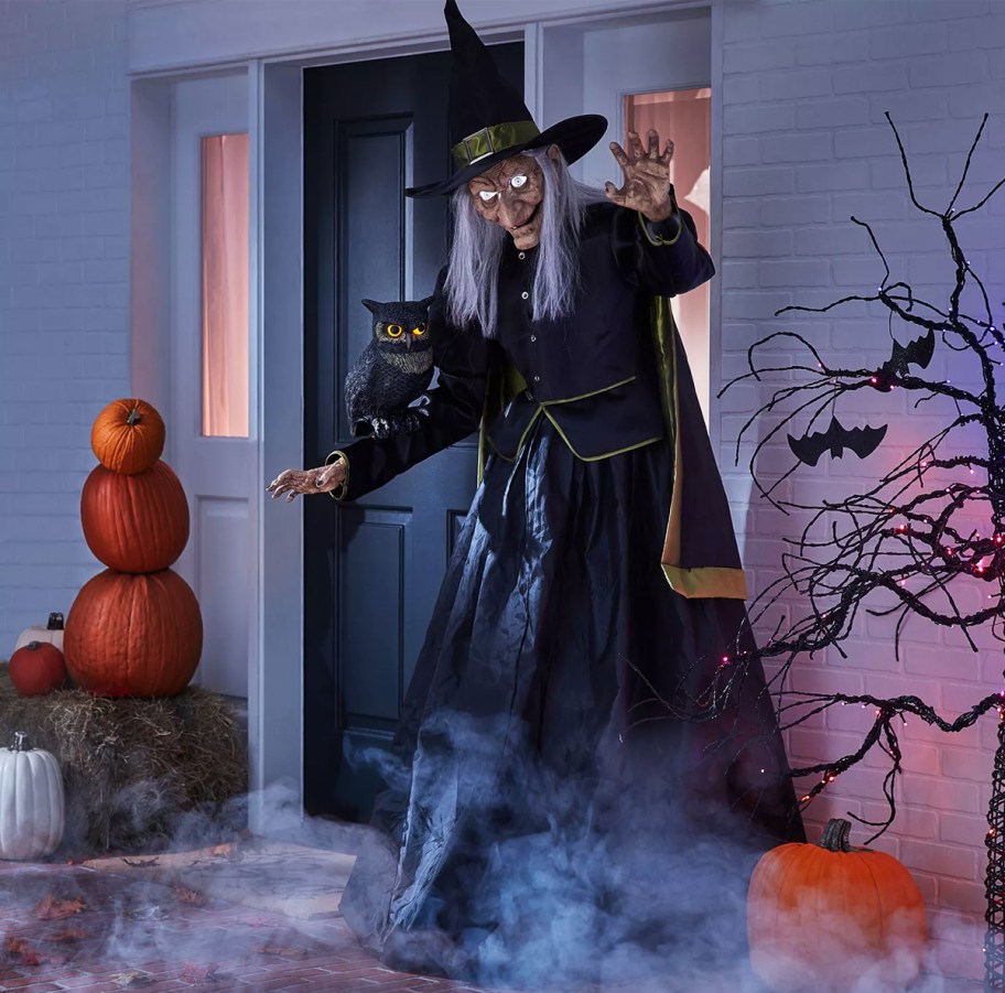 animated witch on front porch