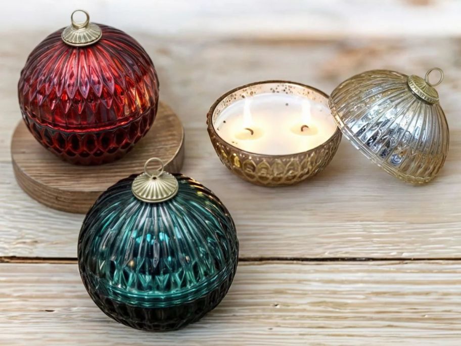 Member's Mark Ornament Glass Candle 3-Pack on table