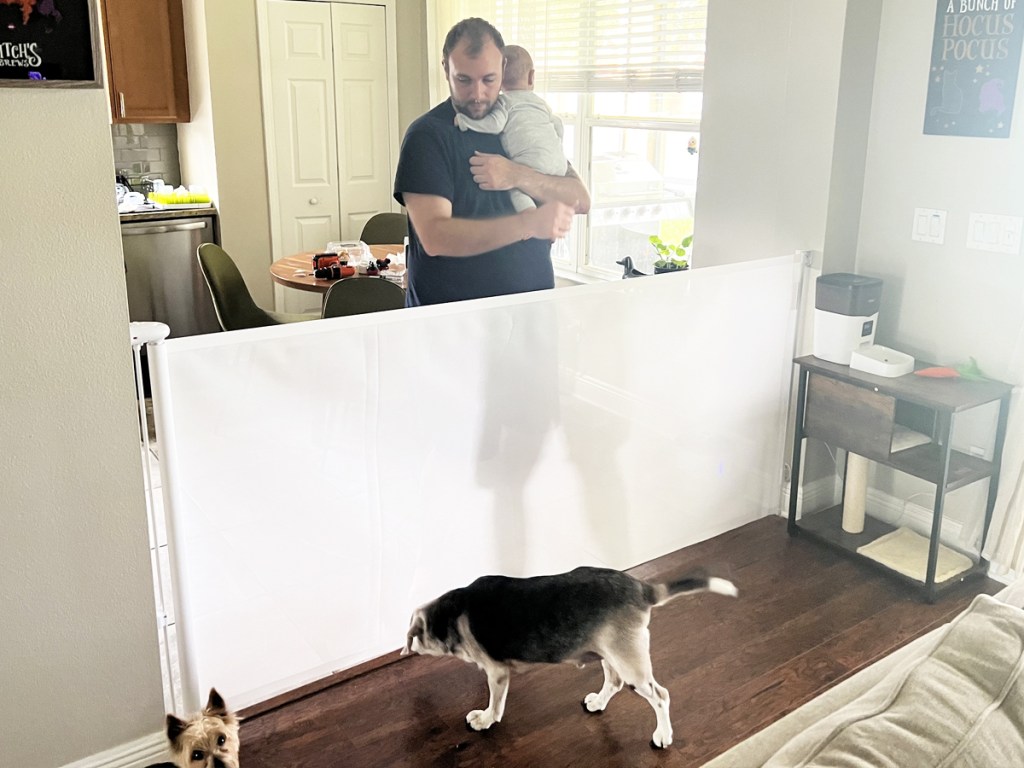 man holding baby standing on one side of retractable baby gate with dogs on the other