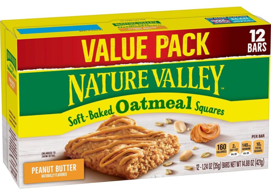 a box of Nature Valley Soft-Baked Oatmeal Squares 12-Count in Peanut Butter