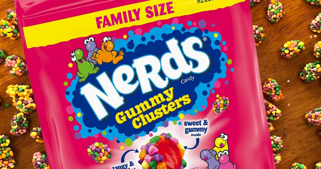 Nerds Gummy Clusters on a table with clusters scattered around