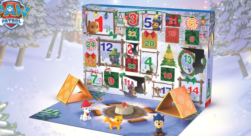 New Paw Patrol advent calendar 2023 displayed with toys on the outside-2