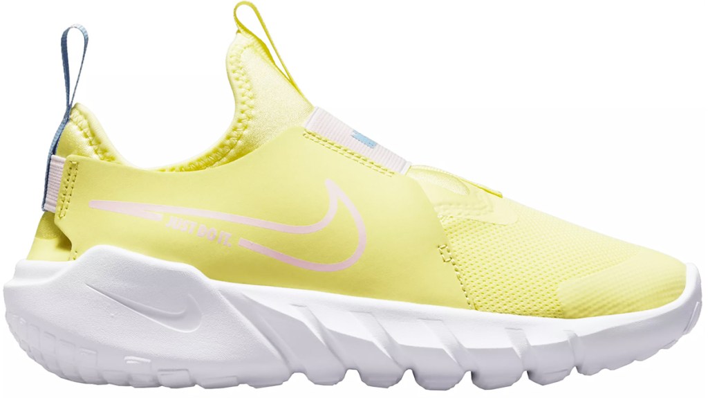 yellow, light pink, and white slip-on nike shoe