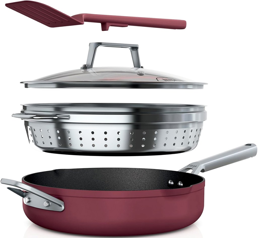 frying pan, steamer basket, lid, and utensil 