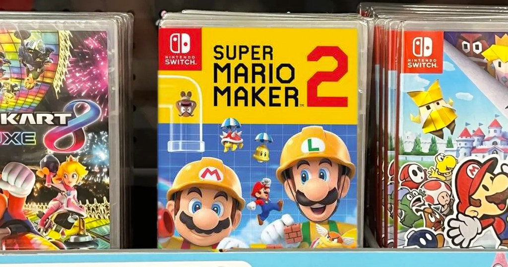 Nintendo Super Mario Maker 2 game on display shelf in store