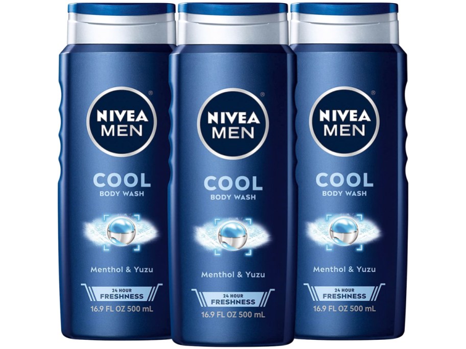 three blue bottles of Nivea men's body wash
