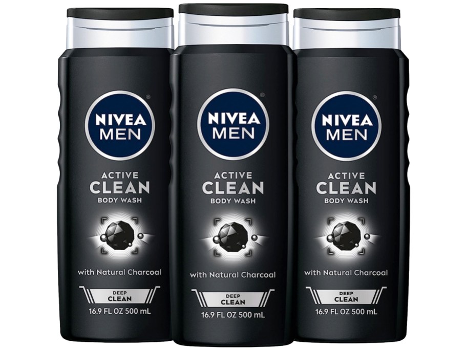 three black bottles of Nivea men's body wash