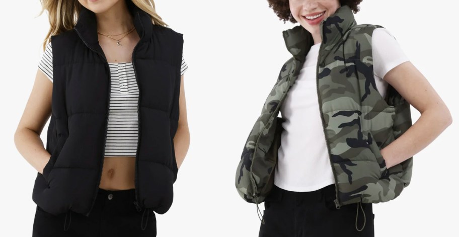 women in black and camo print puffer vests